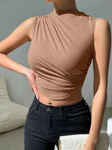 Allurite Dames zomer effen kleur opstaande kraag asymmetrische zoom tanktop met ruches