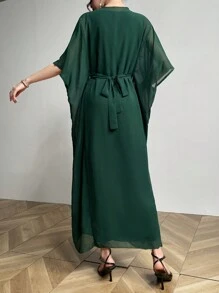 Modelyn 2pcs Women's Solid Color Minimalist Casual Mesh Vest Dress Set - Dark Green - View 2