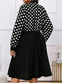 Celure Plus Size V-Neck Contrast Color Polka Dot Patchwork Waist Cinched Printed Metal Button Decor Dress