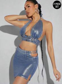 Denimoi Bộ áo yếm và chân váy denim ánh kim hai mảnh - Rửa nhẹ - Xem 2