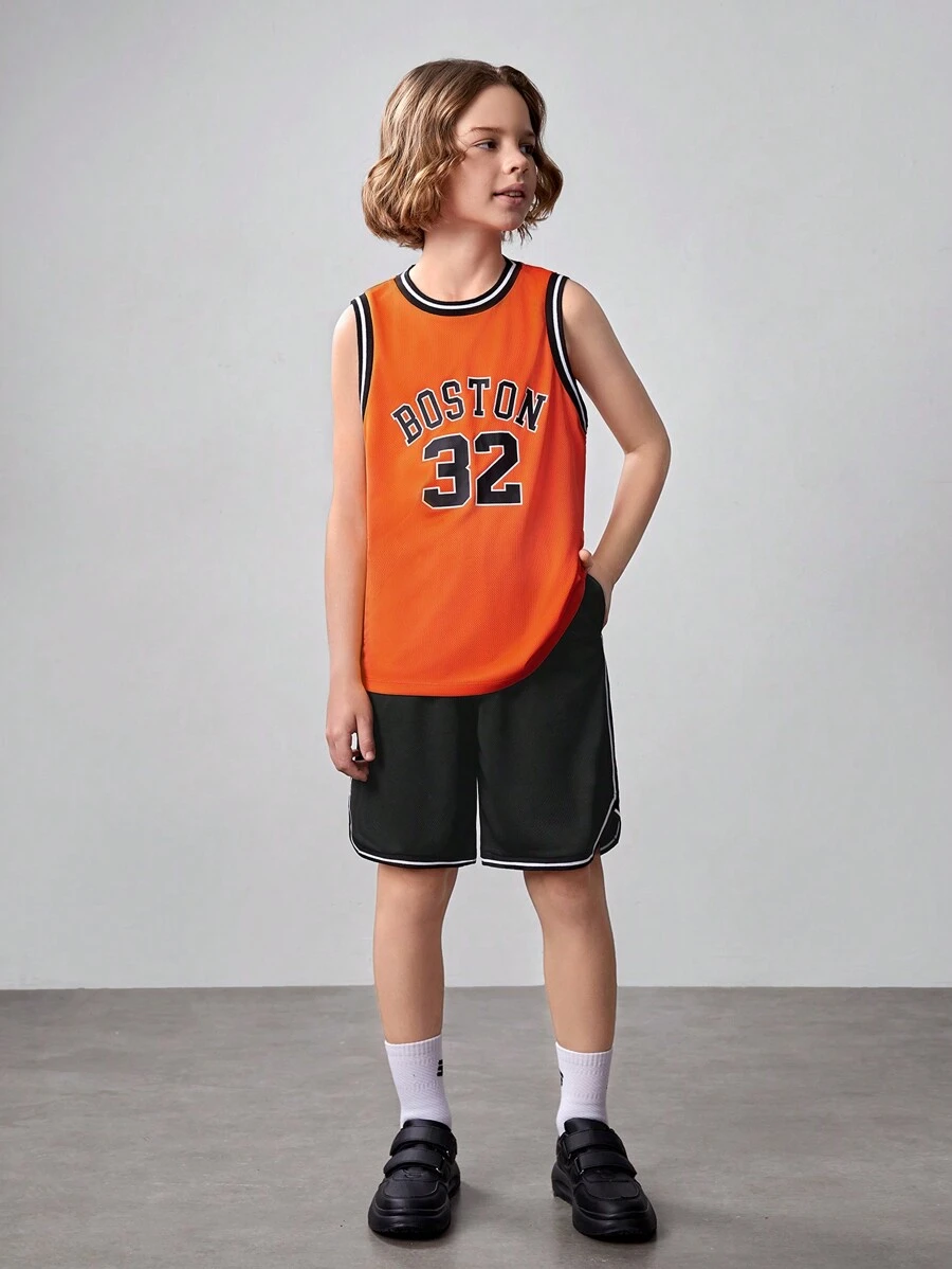 SHEIN 2pcs/Set Tween Boy Casual Sports Letter Print Tank Top And Shorts Set - Red - View 1