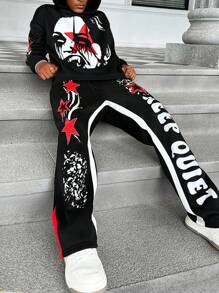 Manfinity Roghcode Conjunto de Moletom com Capuz e Calça Grafite em Estilo de Rua Gótico Escuro com Blocos de Cores Preta e Vermelha, Streetwear, Conjunto Masculino de Duas Peças, Preto e Branco, Halloween, Sair, Gráfico, Colorido, Presente para Namorado, Gótico - Multicolorido - Visão 3