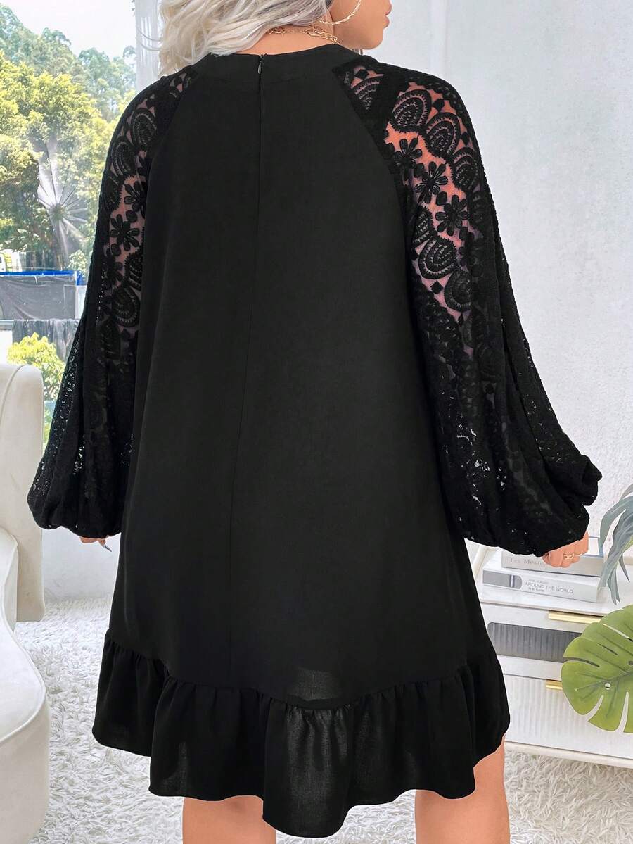 Celure 大码春夏休闲刺绣网眼撞色灯笼袖连衣裙 - 黑色 - 查看 1