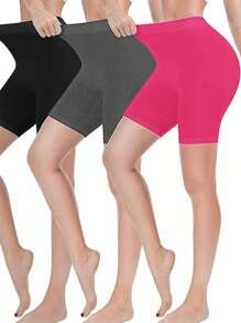 SHEIN SXY 3 Packs Women's Leggings, Comfortable And Smooth For Yoga, Fitness And Cycling, And Everyday Wear Short Leggingshort Leggingsgirls Bike Shortsgym Shorts For Womencycling Shorts For Women - Hot Pink - View 3