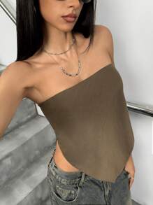 SHEIN X  Ignacia Antonia Chiquease 纯色性感不对称下摆抹胸无袖上衣 - 棕色 - 查看 5