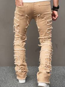 Manfinity EMRG Men's Solid Color Simple Casual Denim Jeans - Khaki - View 2