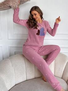 RueChic Embroidery Cartoon Pattern Flannel PJ Set - Hot Pink - View 3