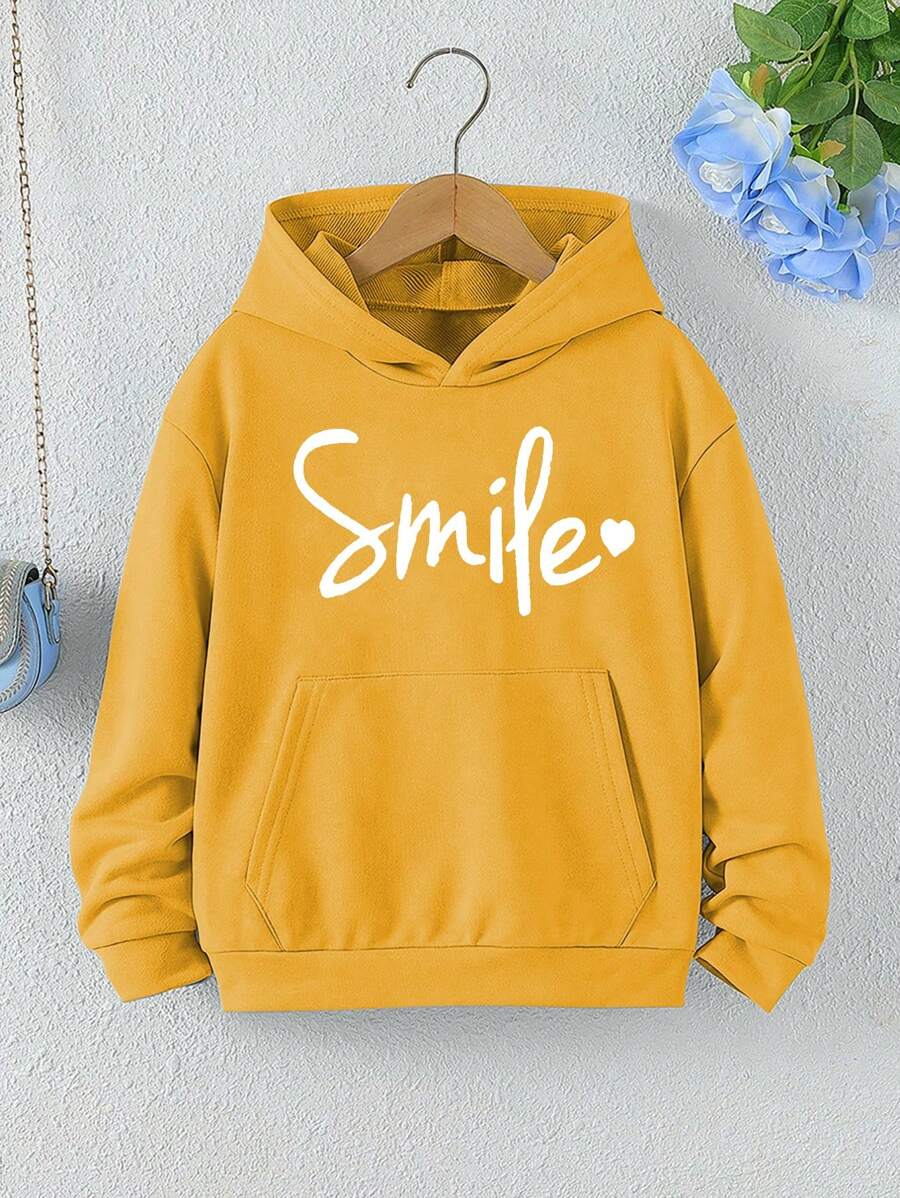 SHEIN 少女长袖字母印花口袋卫衣，休闲日常穿着 - 黃色 - 查看 1