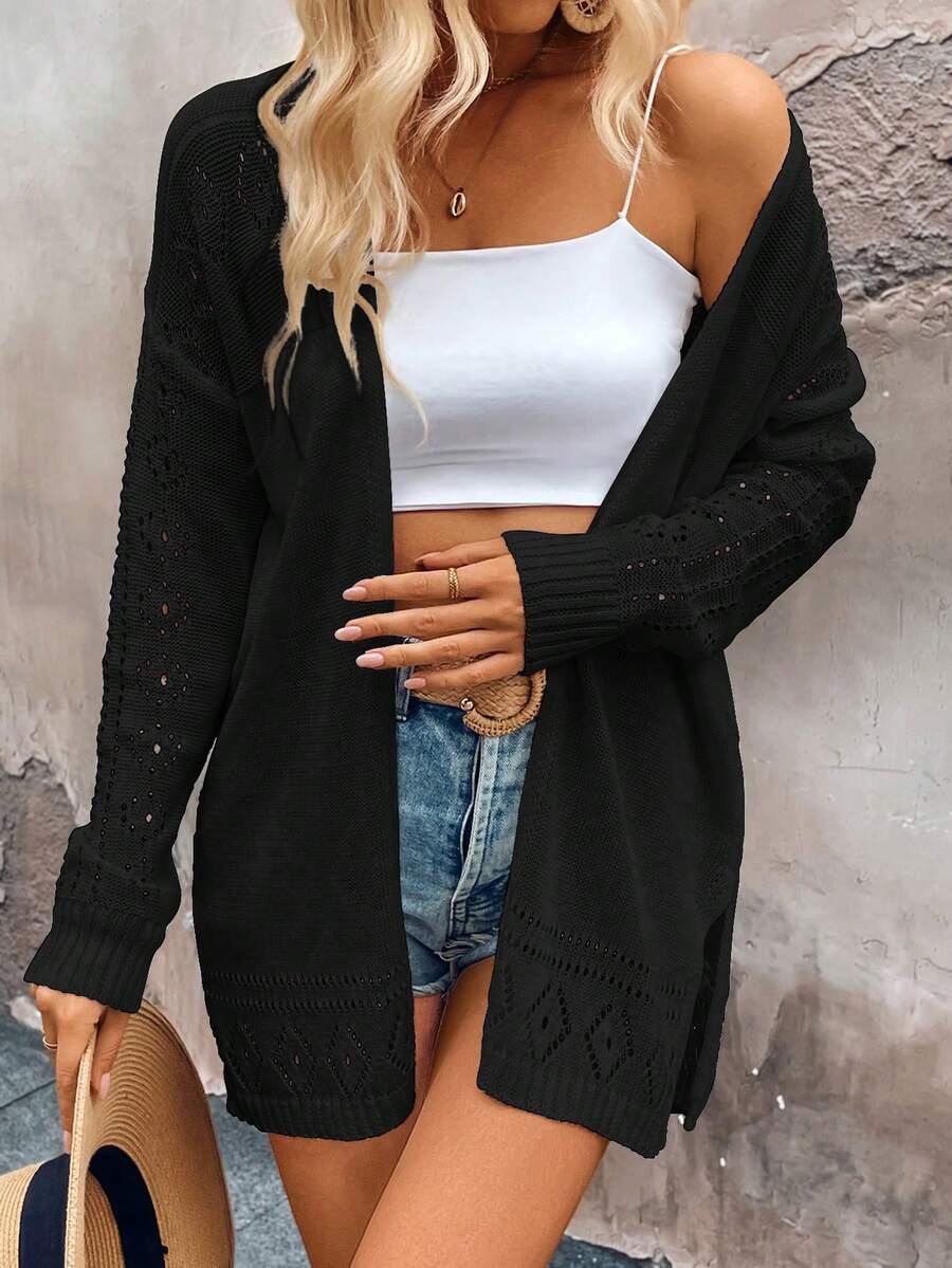 SHEIN LUNE 女士纯色落肩开襟镂空休闲开衫，春秋季 - 黑色 - 查看 1