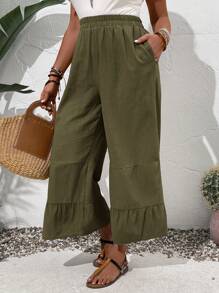 EMERY ROSE Pantalones casuales de uso diario de unicolor con volantes en el bajo para talla grande, estilo campo - Verde militar - Ver 5