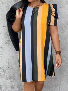 SHEIN VCAY Plus Size Vacation Casual Colorblock Stripe Puff Sleeve Dress - Multicolor - View 5