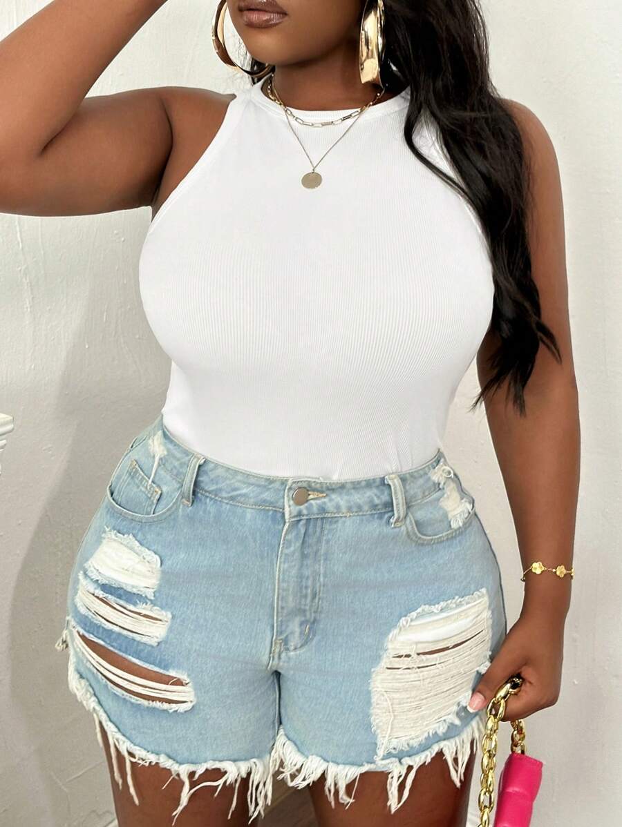 Slaydiva 大码休闲基本款修身白色圆领露肩背心 - 白色 - 查看 1