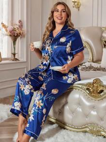Women's Plus Size Simulated Silk Large Floral Elegant Satin Pajama Set - Blue - View 5