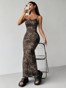 SHEIN EZwear 女士时尚豹纹紧身吊带连衣裙，夏季 - 卡其色 - 查看 4