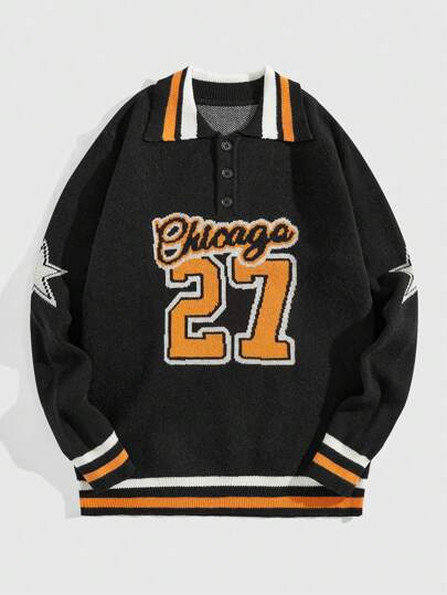 كنزة صوفية كاجوال بأكمام طويلة رجالية بطراز خطابي نصف زر مع طوق، للمدرسة