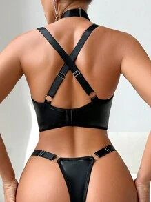 2pcs/Set Dark Punk Style Keyhole Design Sexy Lingerie Set For Going Out - Black - View 2