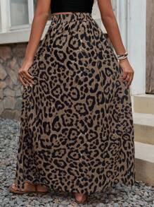 Calvaya Women's High Waist Leopard Print Side Slit Holiday Skirt Maxi Vacation Beach Outfit