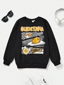 Gudetama X SHEIN Bluza Tween Boy o luźnym kroju i nadruku z okrągłym dekoltem i długim rękawem, czarna