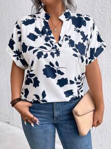 SHEIN CURVE+ Women's Casual Woven Printed V-Neck Roll-Up Sleeve Plus Size Loose Blouse, Summer