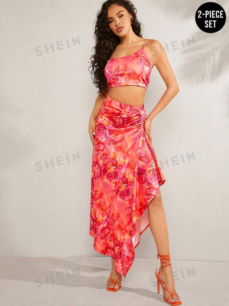 SHEIN Haute Floral Crop Top Draped Skirt Two Piece Set