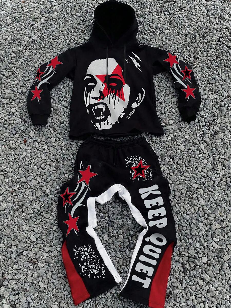Manfinity Roghcode Conjunto de Moletom com Capuz e Calça Grafite em Estilo de Rua Gótico Escuro com Blocos de Cores Preta e Vermelha, Streetwear, Conjunto Masculino de Duas Peças, Preto e Branco, Halloween, Sair, Gráfico, Colorido, Presente para Namorado, Gótico - Multicolorido - Visão 1