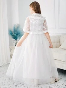 SHEIN DRMZ Tween Girl 女童夏季公主裙、连帽蕾丝边披肩、网眼无袖连衣裙两件套 - 白色 - 查看 3