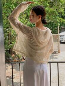 DAZY Drop Shoulder Button Front Hooded Tee Sheer Long Sleeve Women Tops Cover Ups For Swimwear - White - View 11