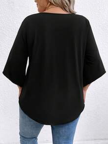 SHEIN LUNE Camiseta de punto de unicolor con cuello en V para tallas grandes - Negro - Ver 2