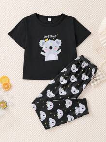 Tween Girl Koala & Letter Graphic Tee & Trousers PJ Set - Black - View 1