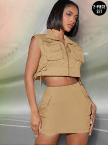 Hauture Cargo Zip Up Top & Mini Skirt Two Pieces Set - Khaki - View 1