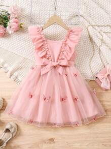 Vestido de contraste de malla con mangas abullonadas, efecto degradado en rosa y diseño de mariposa, para niñas jóvenes - Rosa - Ver 1