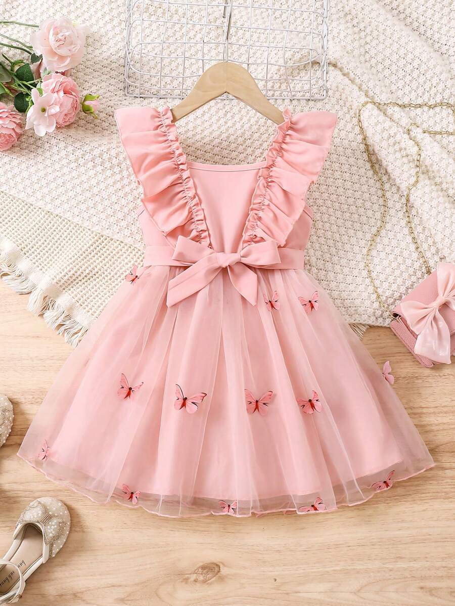 Vestido de contraste de malla con mangas abullonadas, efecto degradado en rosa y diseño de mariposa, para niñas jóvenes - Rosa - Ver 1