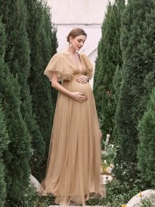 Faeriesty Dressalisa Luxury Maternity Gown&Babyshower Dresses: Deep V-Neckline, Flutter Sleeves & Thigh-High Slit Elegance - Formal Baby Shower Dresses For Bridal Luncheons, Pregnancy Photoshoots, Church Blessings, Evening Galas, Upscale Maternity Portraits