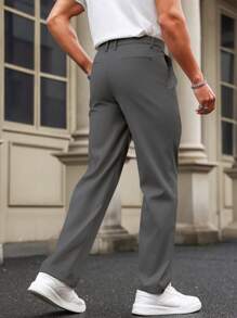 Manfinity Homme 男士纯色简约口袋直筒裤灰色裤子男士西装裤灰色裤子男士秋季灰色裤子 - 深灰色 - 查看 2