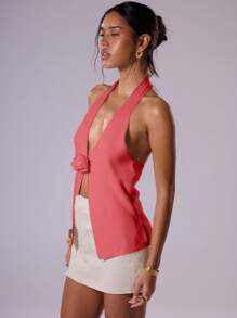 MUSERA Top con detalle de flor tejido, ideal para vacaciones de primavera y verano, con un toque lindo y pastel - Rosado Sandía - Ver 2
