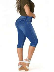 High Waist Butt Lifting Stretch Capri Jeans For Women - 3 Button Skinny Fit Push Up Denim Pants Summer Casual Sculpting Look - 中等水洗藍 - 查看 5