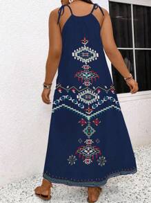 SHEIN LUNE Robe cami à bretelles avec nœud imprimé géométrique Plus - Bleu marine - Voir 2