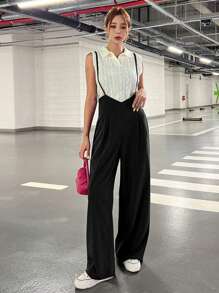 DAZY 女士春夏休闲纯色吊带宽松连体裤女式连体裤 - 黑色 - 查看 3
