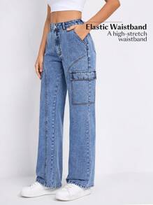 SHEIN EZwear 帶袋側邊貨褲牛仔褲 - 藍色 - 查看 6