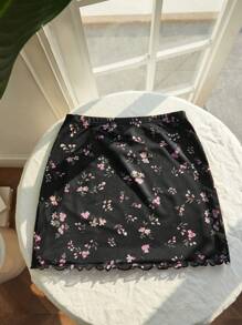 Comfortcana Summer Going Out Pink Floral Print Lettuce Trim Mesh Skirt