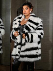 Allurite Women Plus Size Fluffy Zebra Print Fuzzy Jacket - Apricot - View 3