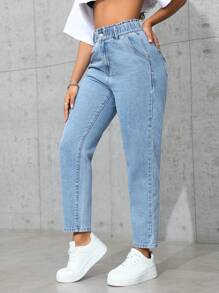 SHEIN PETITE Front Button Multiple Pockets Casual Denim Pants, Daily Wear - Light Wash - View 6