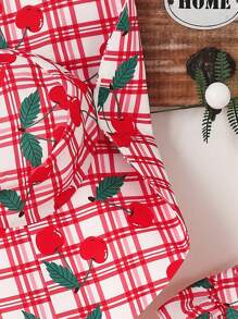 SHEIN Girls' (Big) Casual Sweet Cherry Plaid Ruffle Collar Long Sleeve Dress With Hat, Ideal For Vacation