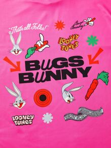 LOONEY TUNES X SHEIN Tween Girl Cổ Tròn Cổ Tròn Tay Ngắn Hoạt Hình Và Chữ Cái Tiếng Anh In Áo Thun Rời Rớt Vai, Mùa Hè - Hồng - Xem 4
