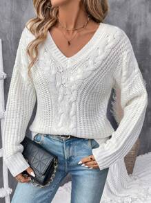 Chiquease Damski sweter w jednolitym kolorze, z prostym dekoltem w kształcie litery V i luźną dzianiną