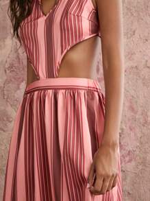 COSMINA Women's Casual Elegant Vacation Style Orange Pink Taupe Red Striped Cutout Waist Sleeveless Dress - Multicolor - View 7