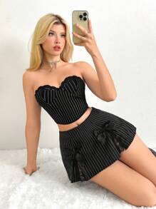 Sweetina Váy mini phối ren sọc trang trí nơ có eo cực thấp - màu đen - Xem 6