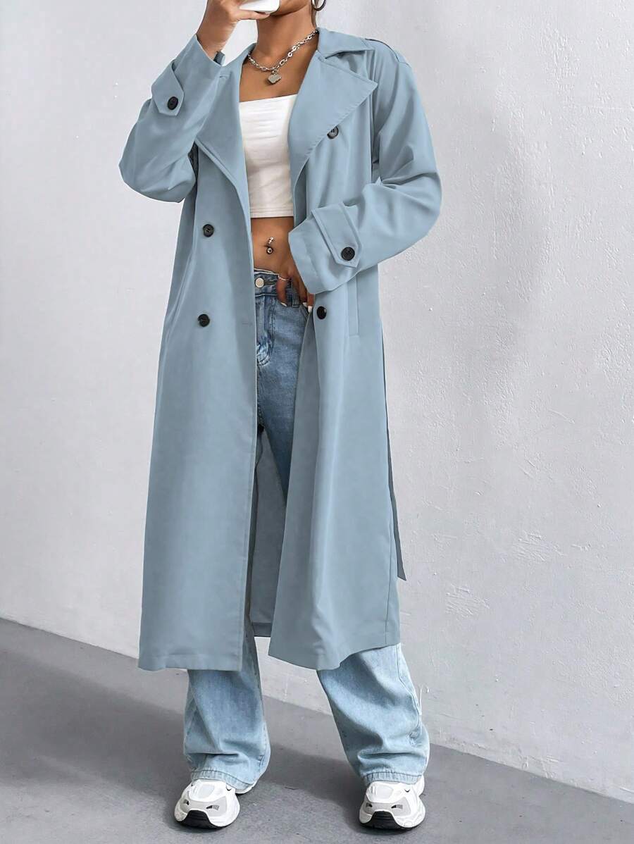 Flirla Women's Solid Color Minimalist Casual Turndown Collar Button Long Sleeve Trench Coat