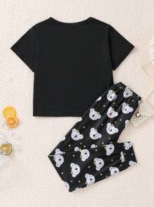 Tween Girl Koala & Letter Graphic Tee & Trousers PJ Set - Black - View 2
