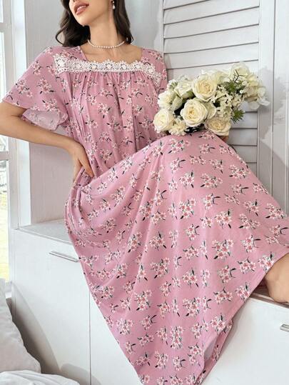 Mulvari Women Contrast Lace & Ditsy Floral Pink Maxi Nightgown Dress, Moo Moo